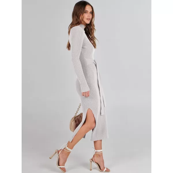 imageANRABESS Womens Sweater Dress 2023 Elegant Fall Long Sleeve Mock Neck Tie Waist Slim Fit Slit Sexy Ribbed Knit Midi DressesGrey
