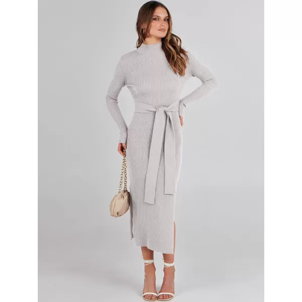 imageANRABESS Womens Sweater Dress 2023 Elegant Fall Long Sleeve Mock Neck Tie Waist Slim Fit Slit Sexy Ribbed Knit Midi DressesGrey