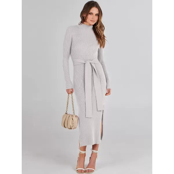 imageANRABESS Womens Sweater Dress 2023 Elegant Fall Long Sleeve Mock Neck Tie Waist Slim Fit Slit Sexy Ribbed Knit Midi DressesGrey