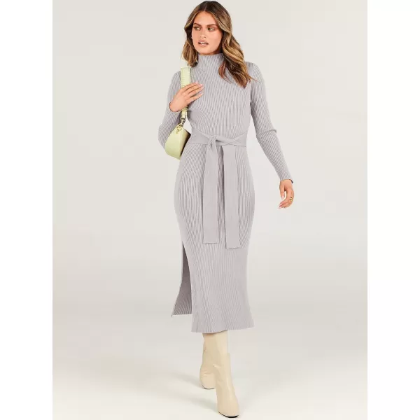 imageANRABESS Womens Sweater Dress 2023 Elegant Fall Long Sleeve Mock Neck Tie Waist Slim Fit Slit Sexy Ribbed Knit Midi DressesGrey