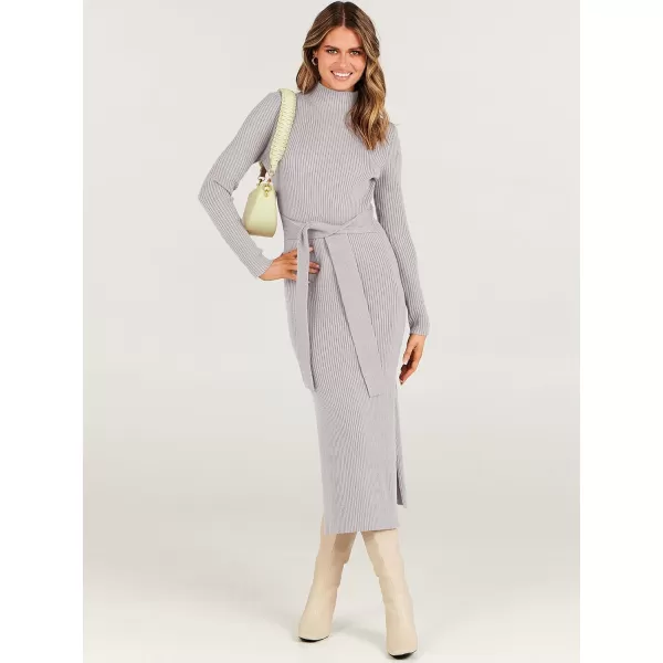 imageANRABESS Womens Sweater Dress 2023 Elegant Fall Long Sleeve Mock Neck Tie Waist Slim Fit Slit Sexy Ribbed Knit Midi DressesGrey