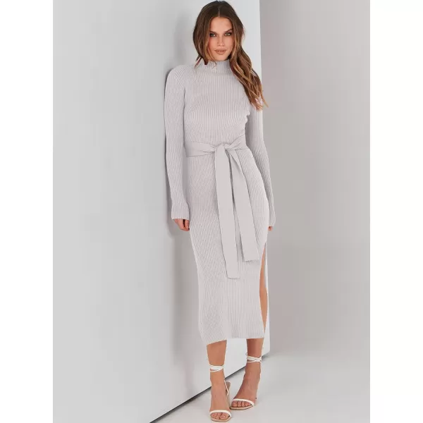 imageANRABESS Womens Sweater Dress 2023 Elegant Fall Long Sleeve Mock Neck Tie Waist Slim Fit Slit Sexy Ribbed Knit Midi DressesGrey