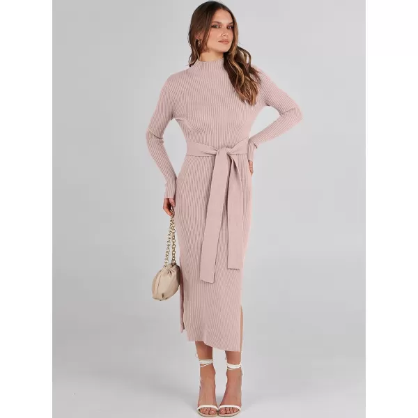 imageANRABESS Womens Sweater Dress 2023 Elegant Fall Long Sleeve Mock Neck Tie Waist Slim Fit Slit Sexy Ribbed Knit Midi DressesPink