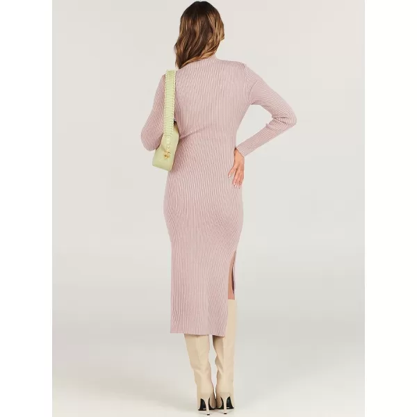 imageANRABESS Womens Sweater Dress 2023 Elegant Fall Long Sleeve Mock Neck Tie Waist Slim Fit Slit Sexy Ribbed Knit Midi DressesPink