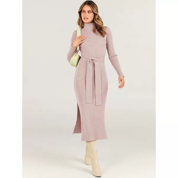imageANRABESS Womens Sweater Dress 2023 Elegant Fall Long Sleeve Mock Neck Tie Waist Slim Fit Slit Sexy Ribbed Knit Midi DressesPink