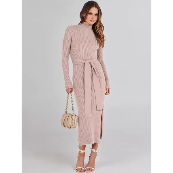 imageANRABESS Womens Sweater Dress 2023 Elegant Fall Long Sleeve Mock Neck Tie Waist Slim Fit Slit Sexy Ribbed Knit Midi DressesPink