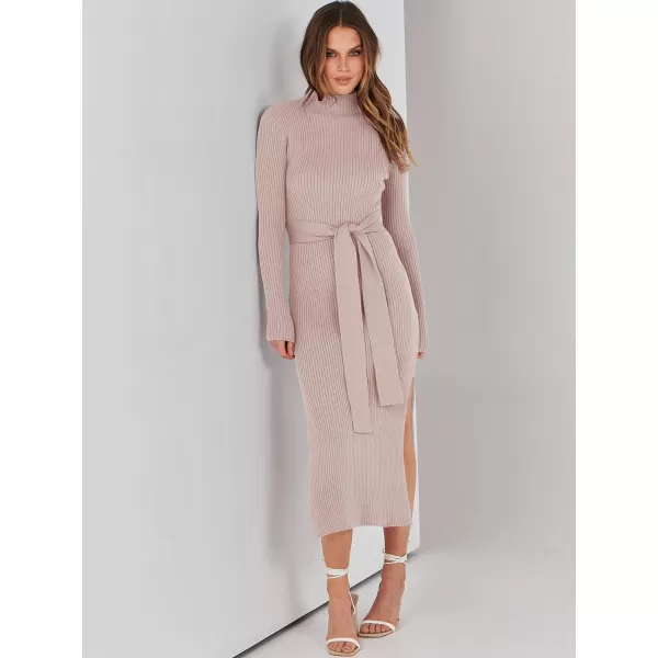 imageANRABESS Womens Sweater Dress 2023 Elegant Fall Long Sleeve Mock Neck Tie Waist Slim Fit Slit Sexy Ribbed Knit Midi DressesPink