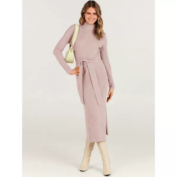 imageANRABESS Womens Sweater Dress 2023 Elegant Fall Long Sleeve Mock Neck Tie Waist Slim Fit Slit Sexy Ribbed Knit Midi DressesPink