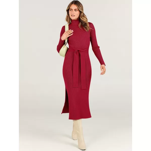 imageANRABESS Womens Sweater Dress 2023 Elegant Fall Long Sleeve Mock Neck Tie Waist Slim Fit Slit Sexy Ribbed Knit Midi DressesRed