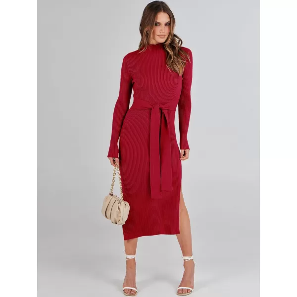 imageANRABESS Womens Sweater Dress 2023 Elegant Fall Long Sleeve Mock Neck Tie Waist Slim Fit Slit Sexy Ribbed Knit Midi DressesRed