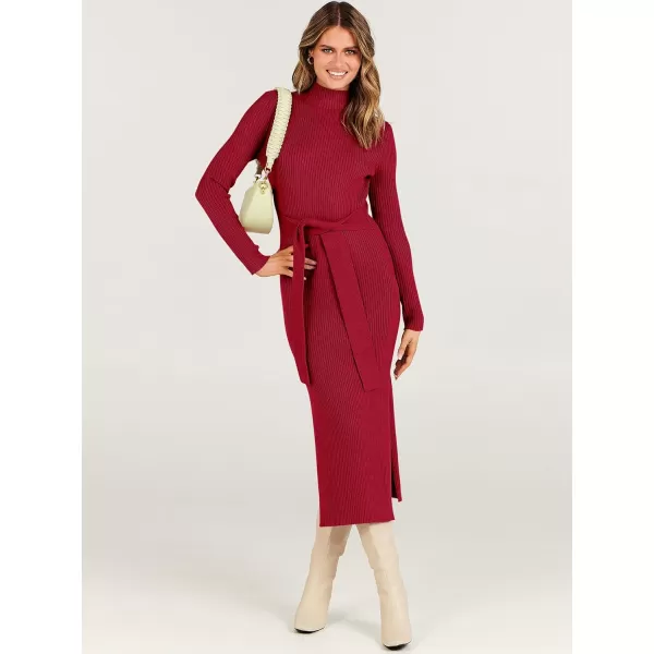 imageANRABESS Womens Sweater Dress 2023 Elegant Fall Long Sleeve Mock Neck Tie Waist Slim Fit Slit Sexy Ribbed Knit Midi DressesRed
