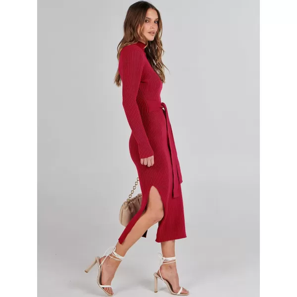 imageANRABESS Womens Sweater Dress 2023 Elegant Fall Long Sleeve Mock Neck Tie Waist Slim Fit Slit Sexy Ribbed Knit Midi DressesRed