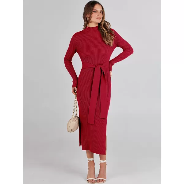 imageANRABESS Womens Sweater Dress 2023 Elegant Fall Long Sleeve Mock Neck Tie Waist Slim Fit Slit Sexy Ribbed Knit Midi DressesRed