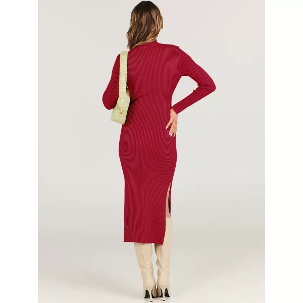 imageANRABESS Womens Sweater Dress 2023 Elegant Fall Long Sleeve Mock Neck Tie Waist Slim Fit Slit Sexy Ribbed Knit Midi DressesRed