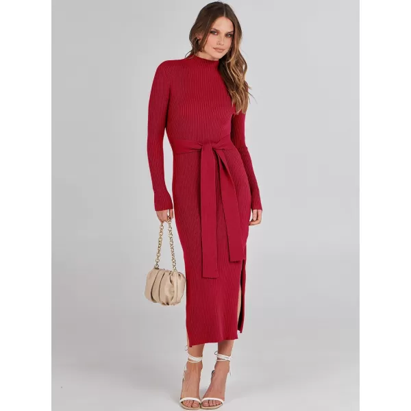 imageANRABESS Womens Sweater Dress 2023 Elegant Fall Long Sleeve Mock Neck Tie Waist Slim Fit Slit Sexy Ribbed Knit Midi DressesRed