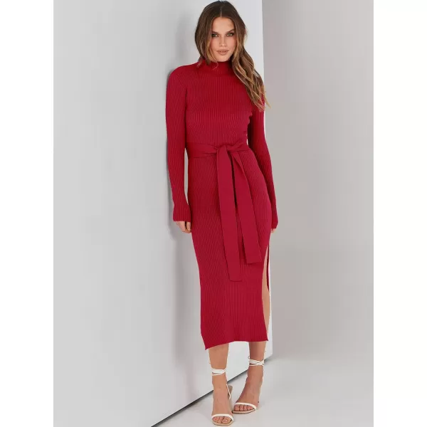 imageANRABESS Womens Sweater Dress 2023 Elegant Fall Long Sleeve Mock Neck Tie Waist Slim Fit Slit Sexy Ribbed Knit Midi DressesRed