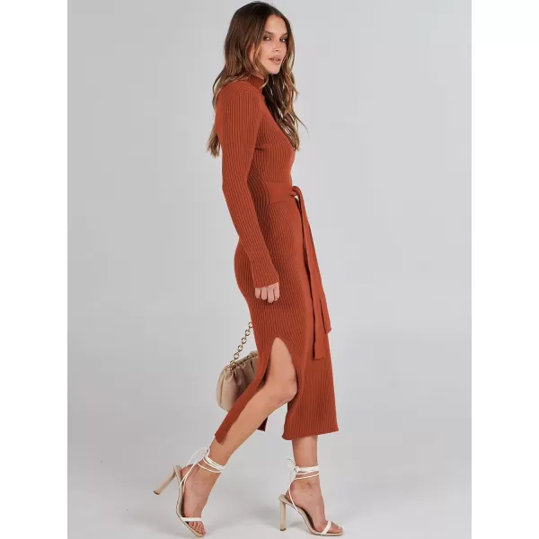 imageANRABESS Womens Sweater Dress 2023 Elegant Fall Long Sleeve Mock Neck Tie Waist Slim Fit Slit Sexy Ribbed Knit Midi DressesRust