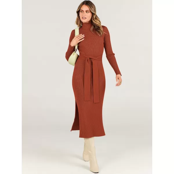 imageANRABESS Womens Sweater Dress 2023 Elegant Fall Long Sleeve Mock Neck Tie Waist Slim Fit Slit Sexy Ribbed Knit Midi DressesRust