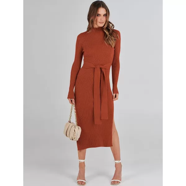 imageANRABESS Womens Sweater Dress 2023 Elegant Fall Long Sleeve Mock Neck Tie Waist Slim Fit Slit Sexy Ribbed Knit Midi DressesRust