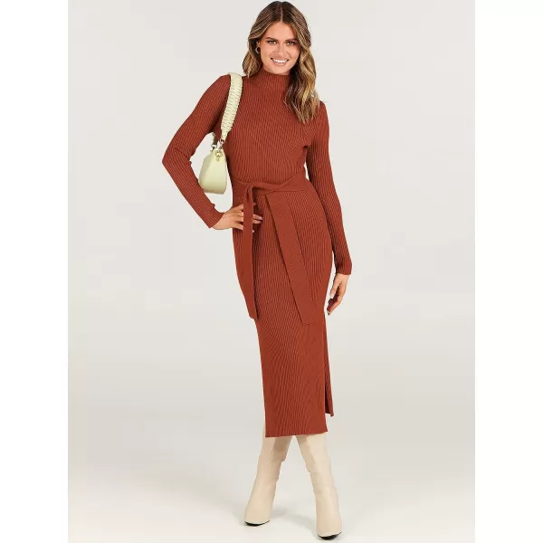 imageANRABESS Womens Sweater Dress 2023 Elegant Fall Long Sleeve Mock Neck Tie Waist Slim Fit Slit Sexy Ribbed Knit Midi DressesRust