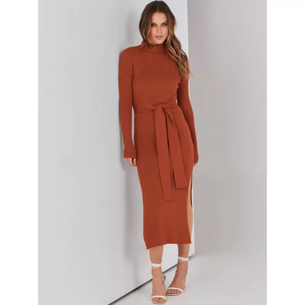 imageANRABESS Womens Sweater Dress 2023 Elegant Fall Long Sleeve Mock Neck Tie Waist Slim Fit Slit Sexy Ribbed Knit Midi DressesRust
