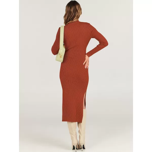 imageANRABESS Womens Sweater Dress 2023 Elegant Fall Long Sleeve Mock Neck Tie Waist Slim Fit Slit Sexy Ribbed Knit Midi DressesRust