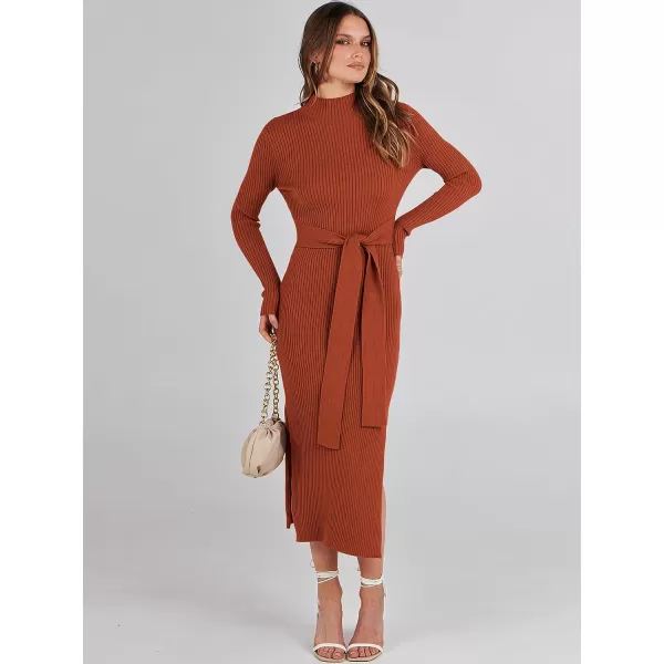 imageANRABESS Womens Sweater Dress 2023 Elegant Fall Long Sleeve Mock Neck Tie Waist Slim Fit Slit Sexy Ribbed Knit Midi DressesRust