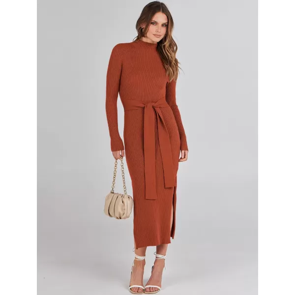 imageANRABESS Womens Sweater Dress 2023 Elegant Fall Long Sleeve Mock Neck Tie Waist Slim Fit Slit Sexy Ribbed Knit Midi DressesRust