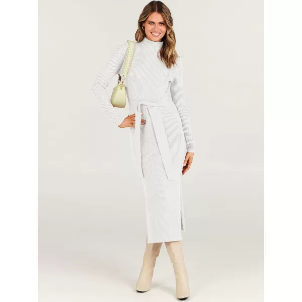 imageANRABESS Womens Sweater Dress 2023 Elegant Fall Long Sleeve Mock Neck Tie Waist Slim Fit Slit Sexy Ribbed Knit Midi DressesWhite