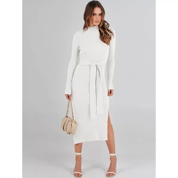 imageANRABESS Womens Sweater Dress 2023 Elegant Fall Long Sleeve Mock Neck Tie Waist Slim Fit Slit Sexy Ribbed Knit Midi DressesWhite