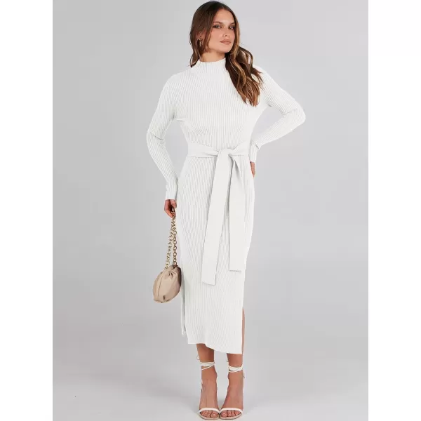 imageANRABESS Womens Sweater Dress 2023 Elegant Fall Long Sleeve Mock Neck Tie Waist Slim Fit Slit Sexy Ribbed Knit Midi DressesWhite