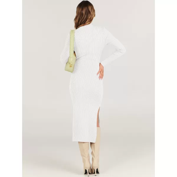 imageANRABESS Womens Sweater Dress 2023 Elegant Fall Long Sleeve Mock Neck Tie Waist Slim Fit Slit Sexy Ribbed Knit Midi DressesWhite
