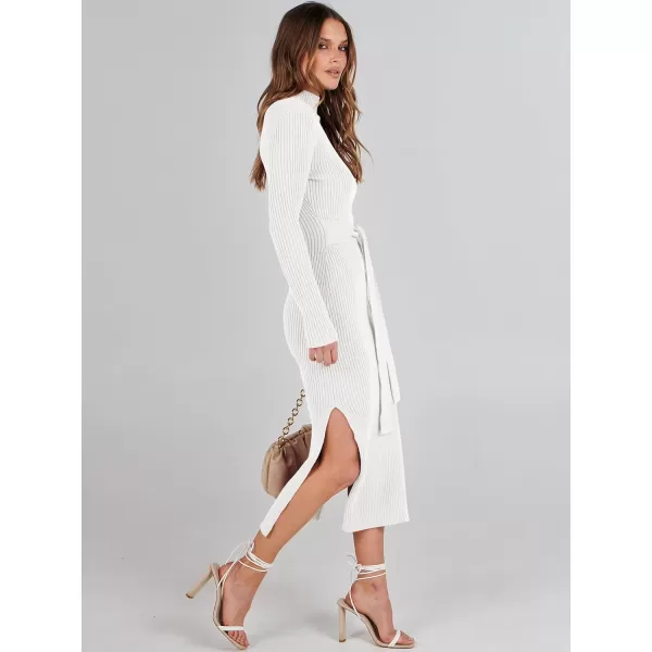 imageANRABESS Womens Sweater Dress 2023 Elegant Fall Long Sleeve Mock Neck Tie Waist Slim Fit Slit Sexy Ribbed Knit Midi DressesWhite