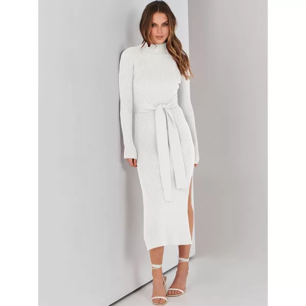 imageANRABESS Womens Sweater Dress 2023 Elegant Fall Long Sleeve Mock Neck Tie Waist Slim Fit Slit Sexy Ribbed Knit Midi DressesWhite