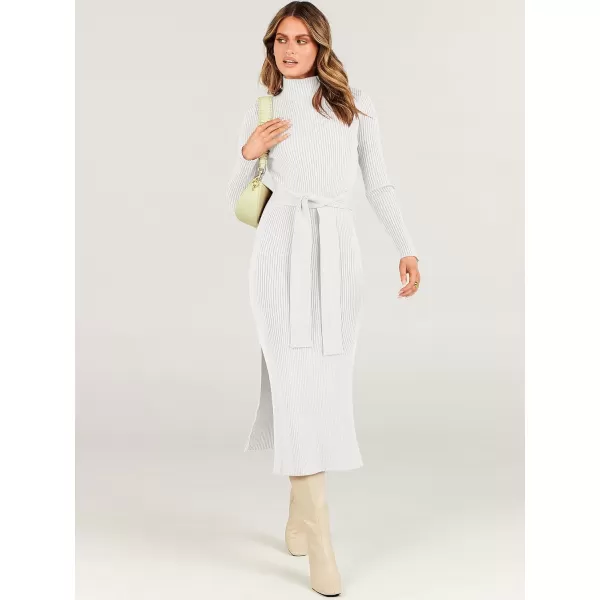 imageANRABESS Womens Sweater Dress 2023 Elegant Fall Long Sleeve Mock Neck Tie Waist Slim Fit Slit Sexy Ribbed Knit Midi DressesWhite