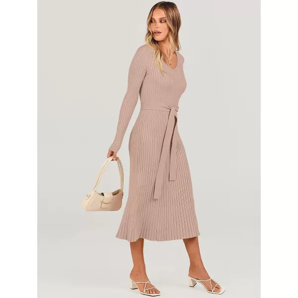 imageANRABESS Womens Sweater Dress 2023 Fall Long Sleeve V Neck Tie Waist Slim Fit Elegant Ribbed Knit Bodycon Midi DressAlmond