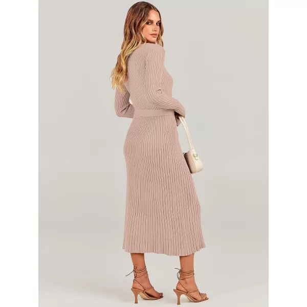 imageANRABESS Womens Sweater Dress 2023 Fall Long Sleeve V Neck Tie Waist Slim Fit Elegant Ribbed Knit Bodycon Midi DressAlmond