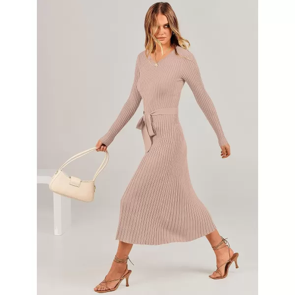 imageANRABESS Womens Sweater Dress 2023 Fall Long Sleeve V Neck Tie Waist Slim Fit Elegant Ribbed Knit Bodycon Midi DressAlmond