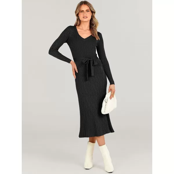 imageANRABESS Womens Sweater Dress 2023 Fall Long Sleeve V Neck Tie Waist Slim Fit Elegant Ribbed Knit Bodycon Midi DressBlack
