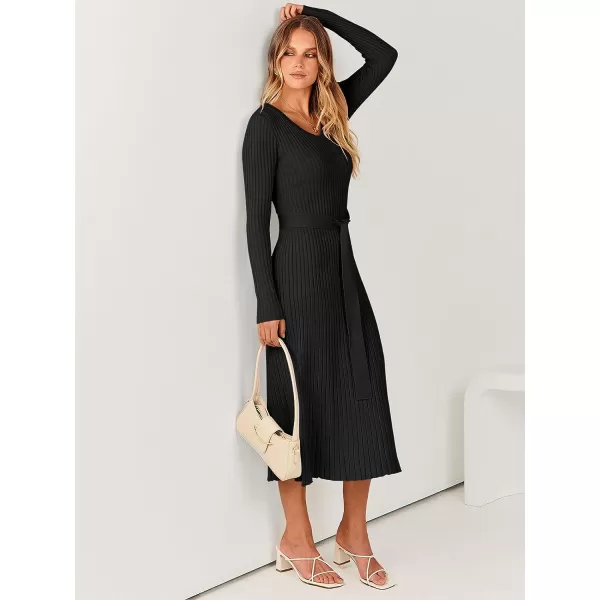imageANRABESS Womens Sweater Dress 2023 Fall Long Sleeve V Neck Tie Waist Slim Fit Elegant Ribbed Knit Bodycon Midi DressBlack
