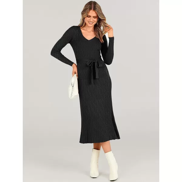 imageANRABESS Womens Sweater Dress 2023 Fall Long Sleeve V Neck Tie Waist Slim Fit Elegant Ribbed Knit Bodycon Midi DressBlack