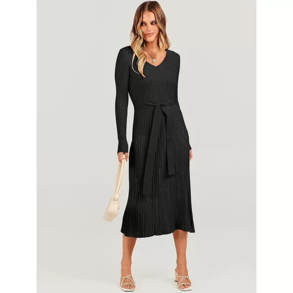 imageANRABESS Womens Sweater Dress 2023 Fall Long Sleeve V Neck Tie Waist Slim Fit Elegant Ribbed Knit Bodycon Midi DressBlack