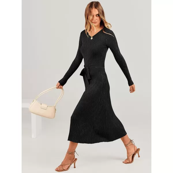 imageANRABESS Womens Sweater Dress 2023 Fall Long Sleeve V Neck Tie Waist Slim Fit Elegant Ribbed Knit Bodycon Midi DressBlack