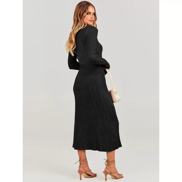 imageANRABESS Womens Sweater Dress 2023 Fall Long Sleeve V Neck Tie Waist Slim Fit Elegant Ribbed Knit Bodycon Midi DressBlack