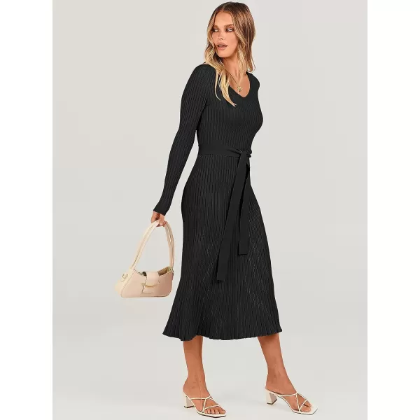 imageANRABESS Womens Sweater Dress 2023 Fall Long Sleeve V Neck Tie Waist Slim Fit Elegant Ribbed Knit Bodycon Midi DressBlack