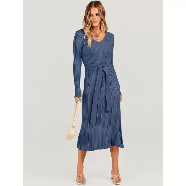 imageANRABESS Womens Sweater Dress 2023 Fall Long Sleeve V Neck Tie Waist Slim Fit Elegant Ribbed Knit Bodycon Midi DressDusty Blue