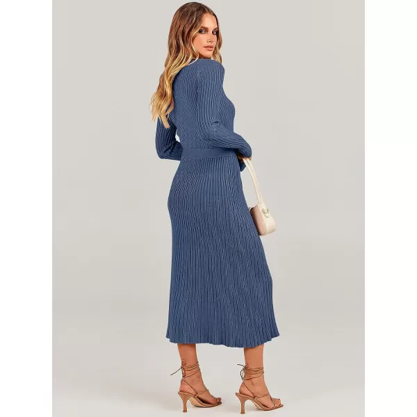 imageANRABESS Womens Sweater Dress 2023 Fall Long Sleeve V Neck Tie Waist Slim Fit Elegant Ribbed Knit Bodycon Midi DressDusty Blue