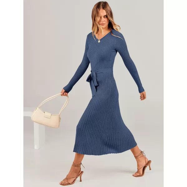 imageANRABESS Womens Sweater Dress 2023 Fall Long Sleeve V Neck Tie Waist Slim Fit Elegant Ribbed Knit Bodycon Midi DressDusty Blue