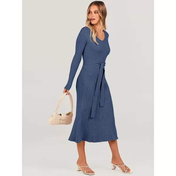 imageANRABESS Womens Sweater Dress 2023 Fall Long Sleeve V Neck Tie Waist Slim Fit Elegant Ribbed Knit Bodycon Midi DressDusty Blue