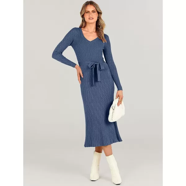 imageANRABESS Womens Sweater Dress 2023 Fall Long Sleeve V Neck Tie Waist Slim Fit Elegant Ribbed Knit Bodycon Midi DressDusty Blue